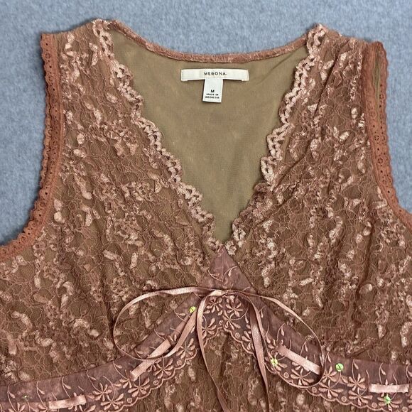 Merona Women’s Lace Sleeveless Blouse Top Brown Tie Front Size Medium - Picture 5 of 14